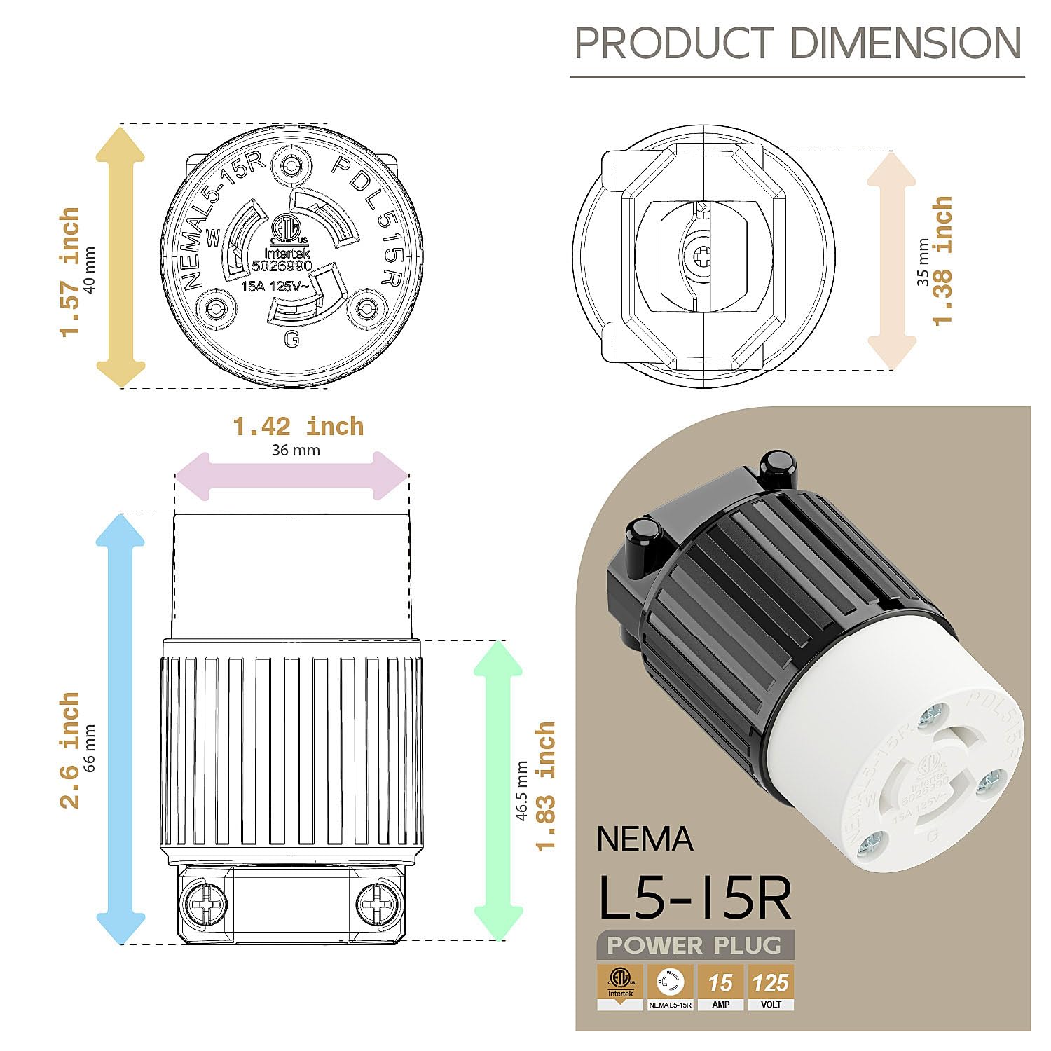 [2-Pack] NEMA L5-15R Twist Lock Female Receptacle, ETL/cETL Listed 15A 125V Rewireable Generator Socket, UL94-V0 Nylon Copper for 12/14/16AWG Cord, Black White Industrial Connector