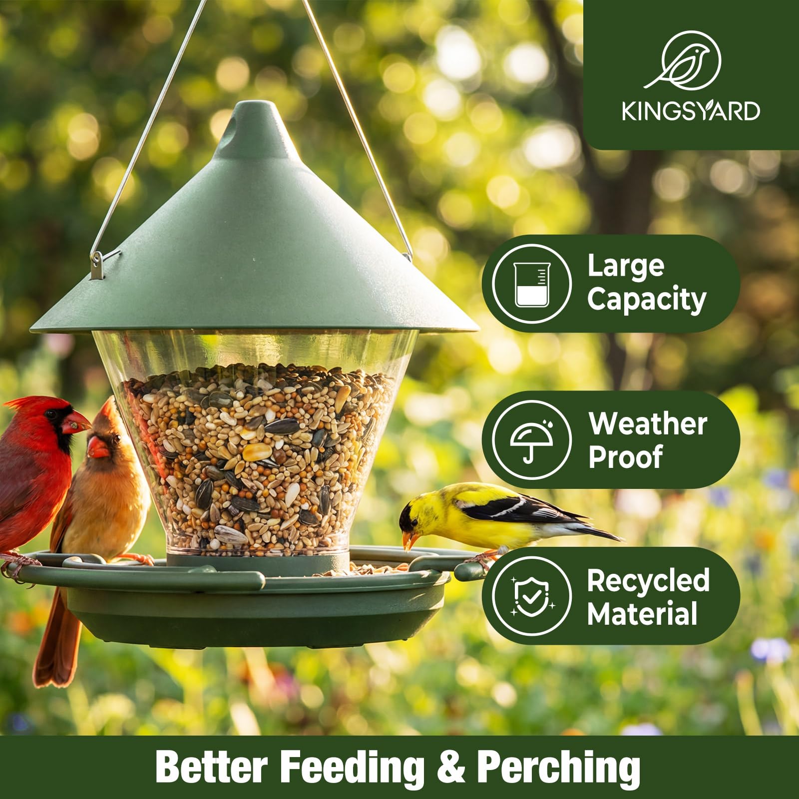 Kingsyard Wild Bird Feeder for Outdoors Hanging, No-Waste Tray with Seed Guard & Circular Perch, Garden Yard for Cardinal Finch, 4 lb Large Capacity, Green - 3