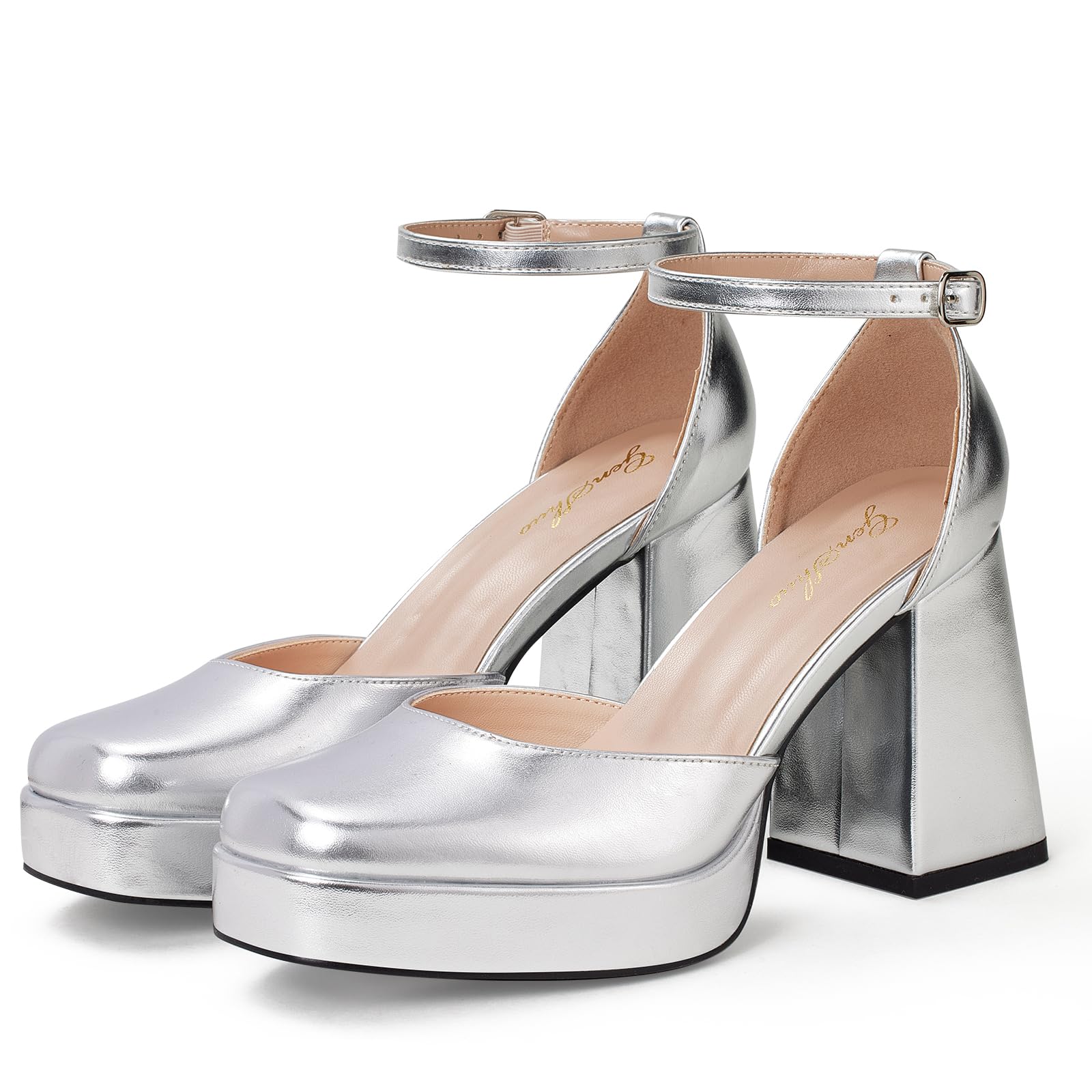 GENSHUO Décolleté da Donna con Plateau Grosso e Tacco Quadrato da 10 cm con Punta Quadrata e Cinturino alla Caviglia Abito da Festa di Nozze Scarpe