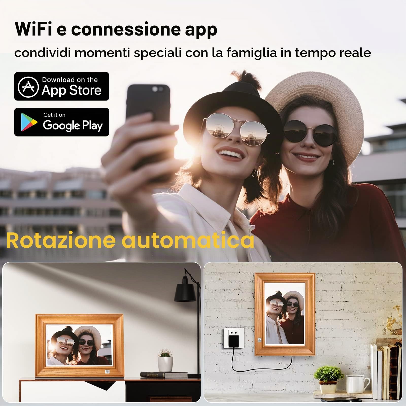 KODAK Cornice Digitale WiFi Cornice Foto Digitale 10 pollici, FHD 1920 * 1200 Touchscreen, Cloud Cornice Elettronica in Legno con Memoria da 32GB, Condivisione di Foto, Video e Musica via USB o App