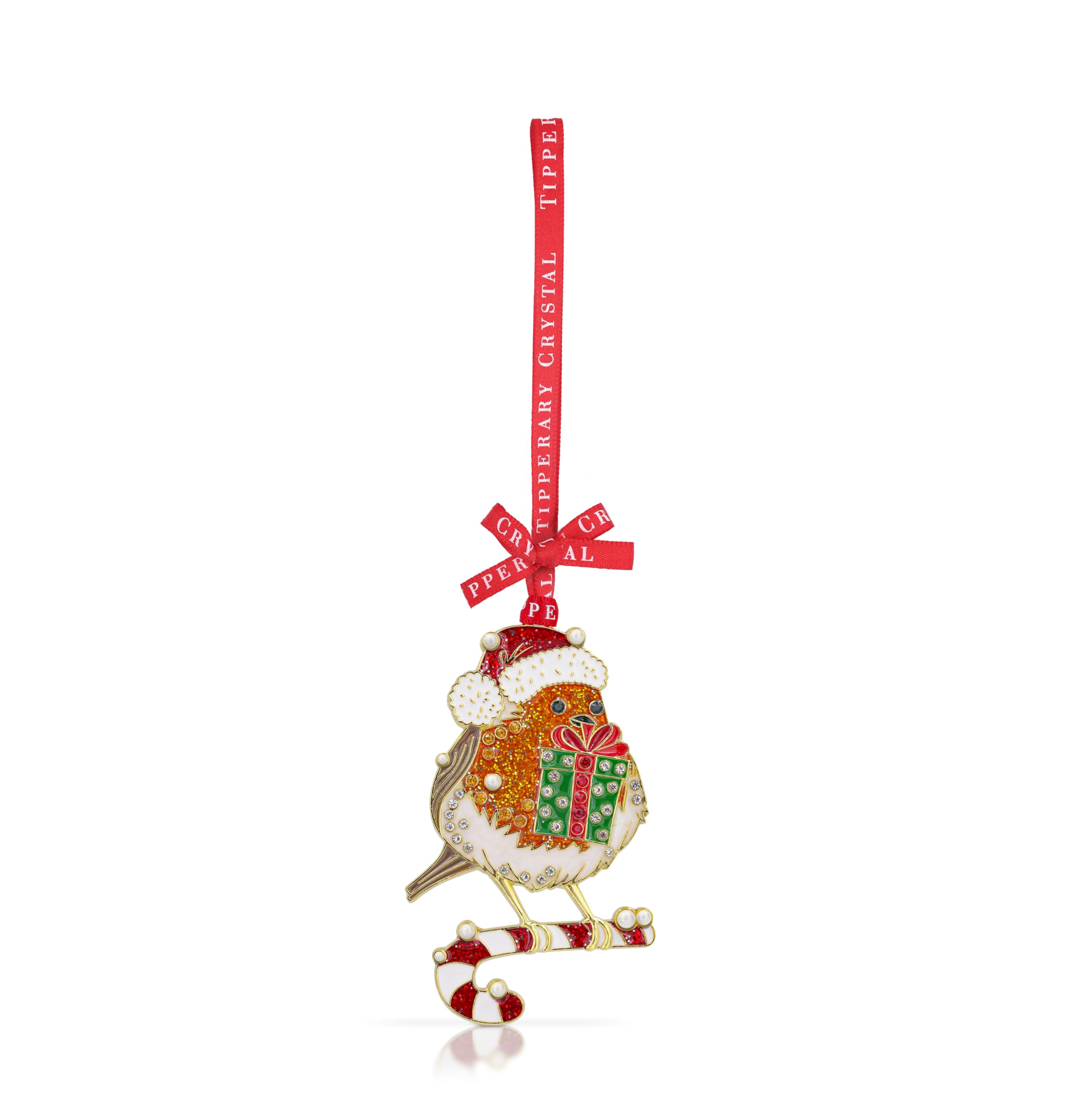 Tipperary Crystal Luxury Sparkle Christmas Hanging Decorations Robin on Candy Cane in White Star Gift Box Xmas Festive Décor 8cm