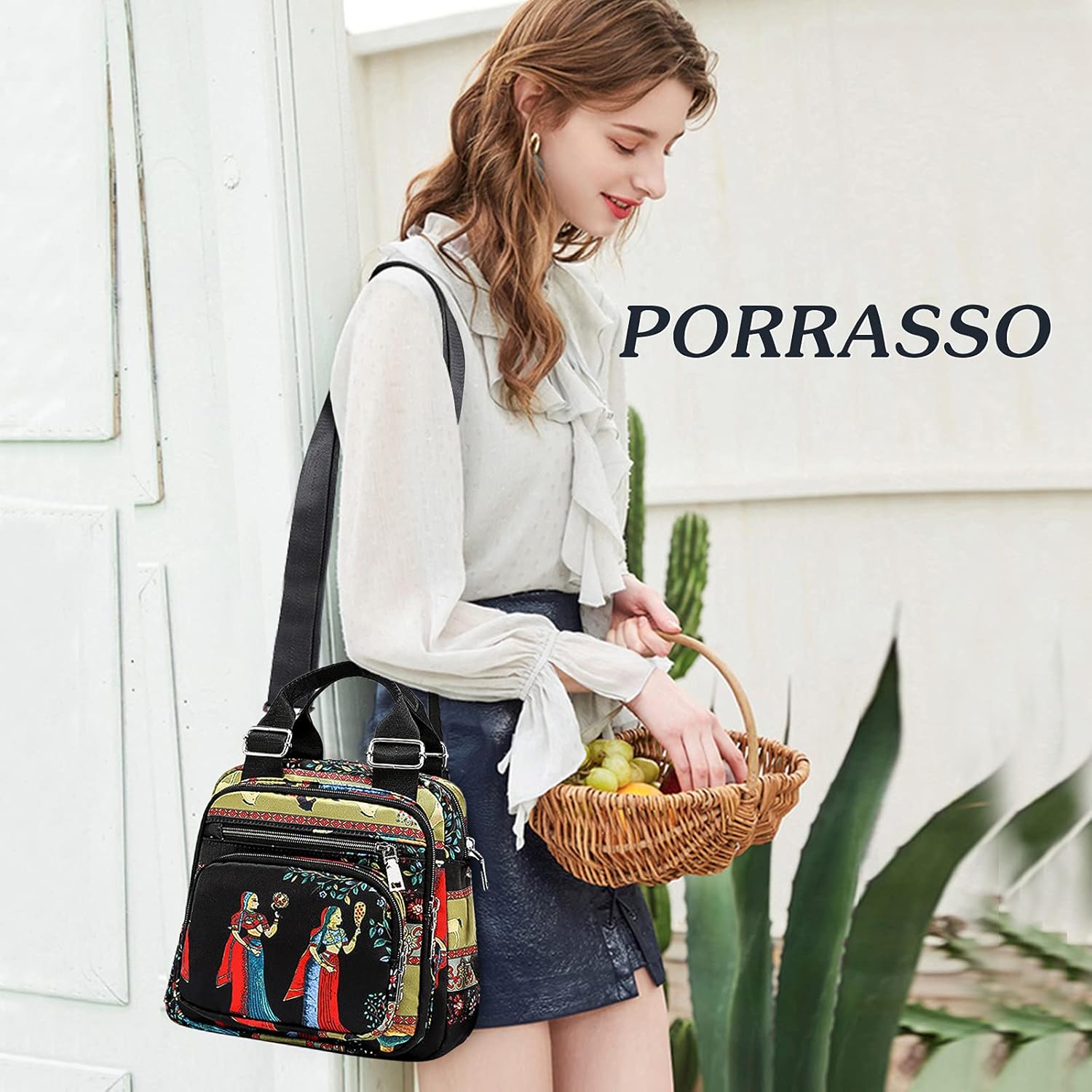 PORRASSO Women Crossbody Bag Small Backpack Casual Shoulder Bag Multi-pocket Daypack