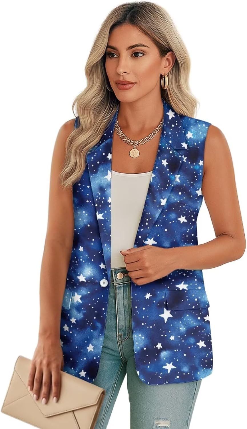 chaqlin Women’s Vest Tops Fall Winter Sleeveless Fashion Print Blazer Jackets Single Button Work Suit with 2 Pockets