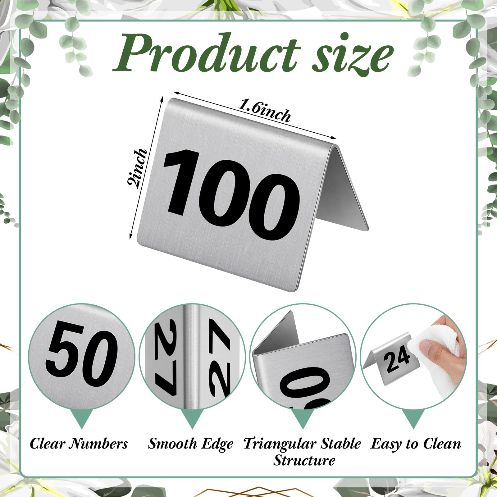 Wenqik 100 numeri da tavolo in acciaio inox, stile tenda, 5,1 x 4,1 cm, a doppio lato, per ristoranti, matrimoni, ricevimenti, feste, banchetti, anniversari, bar