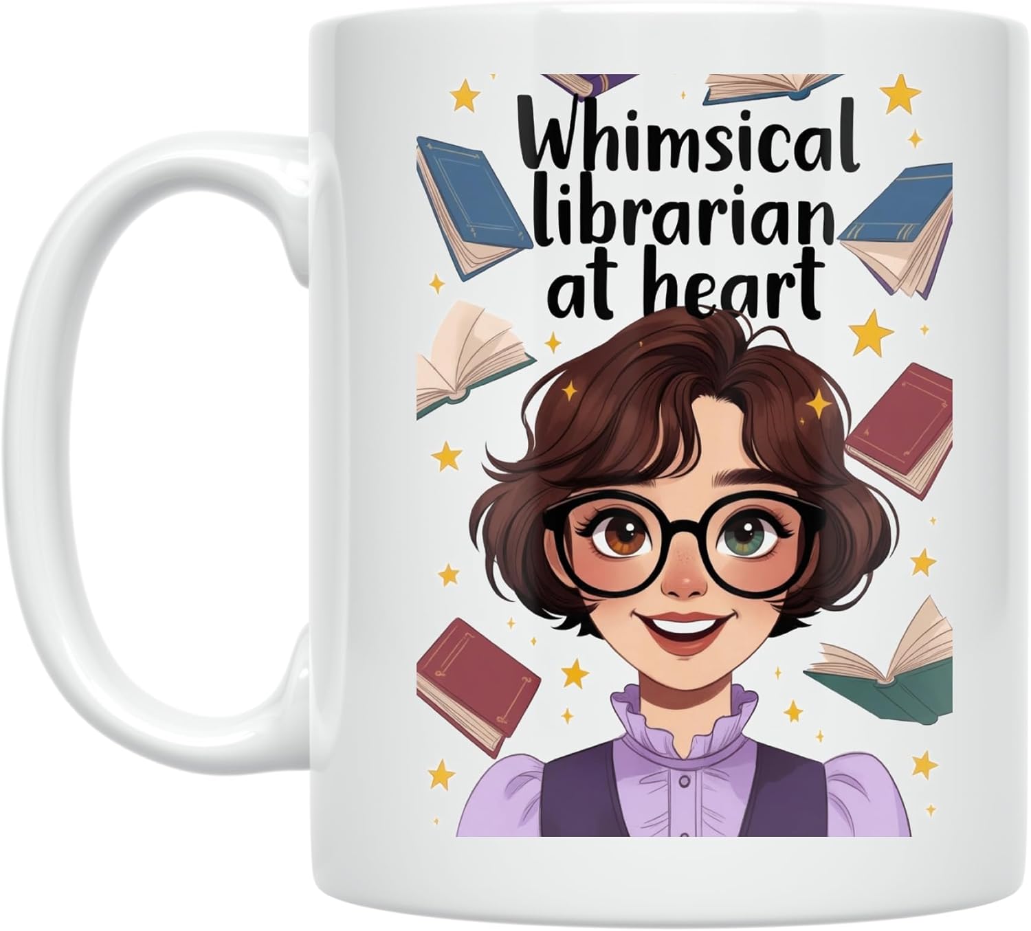 Librarian Coffee Mug – Whimsical Librarian at Heart – 11 oz White Ceramic – Playful Bookish Design