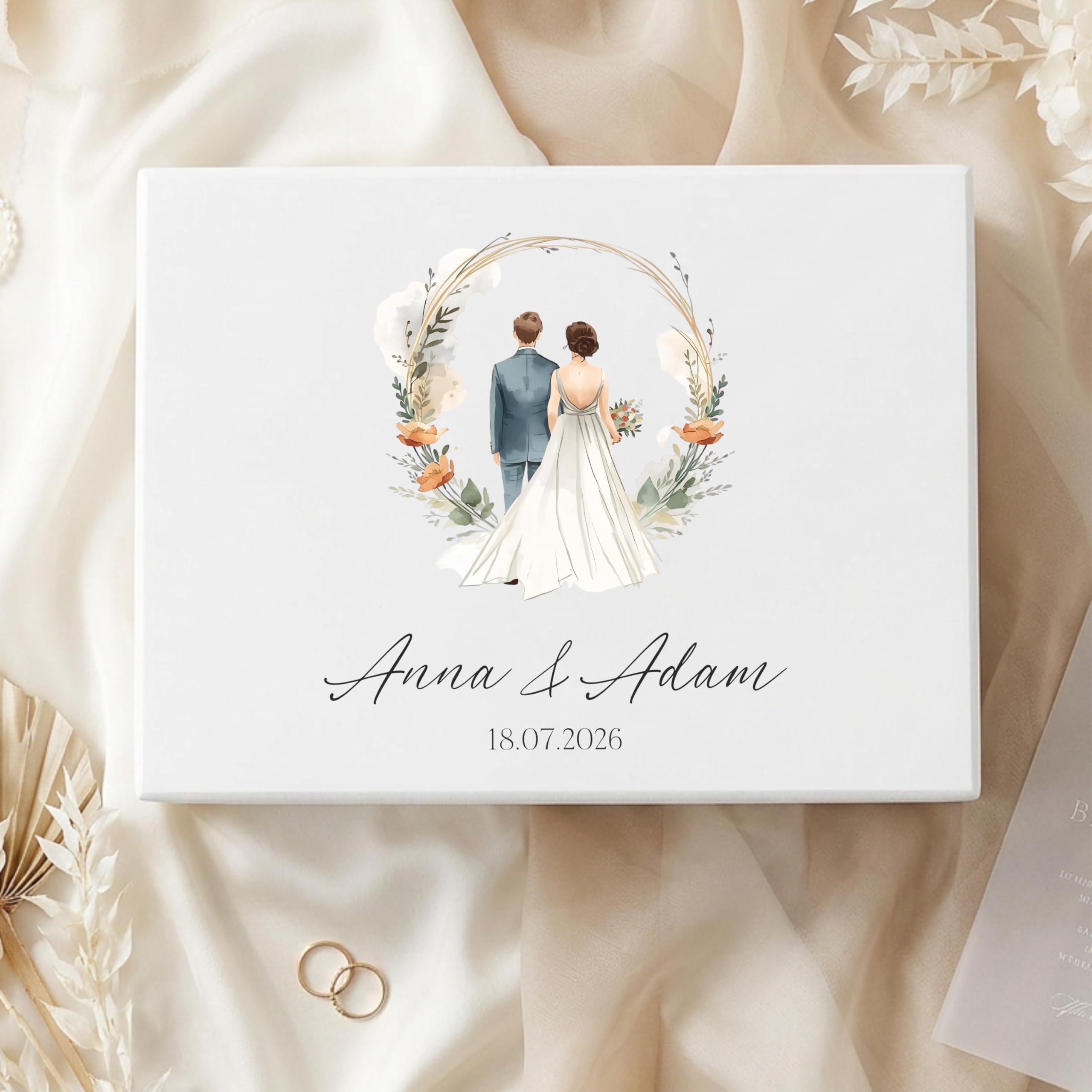 Creative DECO Personalizada Caja de Regalos Originales para los Novios Boda | Regalo Blanca | Caja Madera de Recuerdos Especiales | Parejas Aniversario Matrimonio | Motivo Pareja con Nombres Fecha