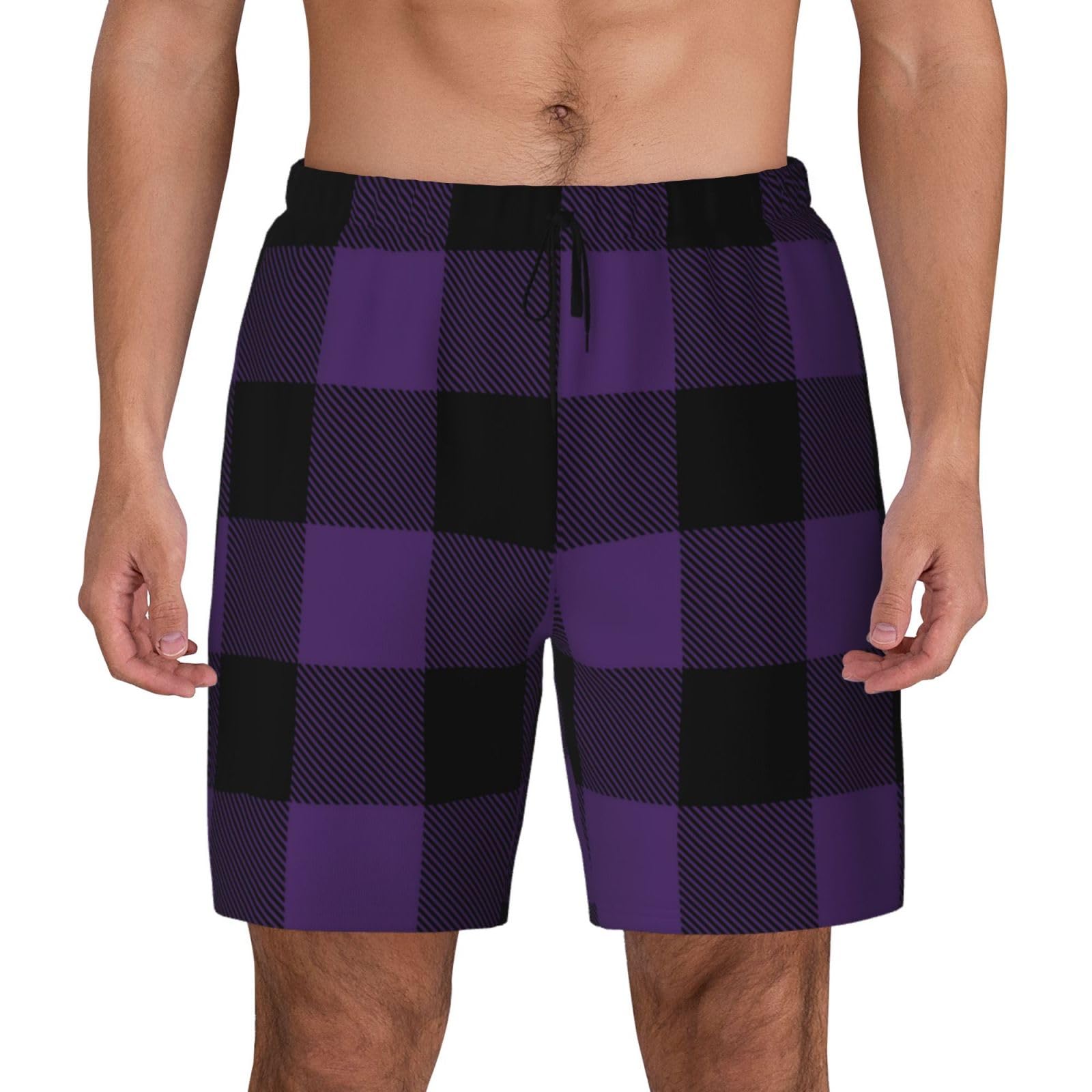 Buewutiry Black Purple Plaid Funny Men's Swim Trunks Board Shorts Quick Dry-Large