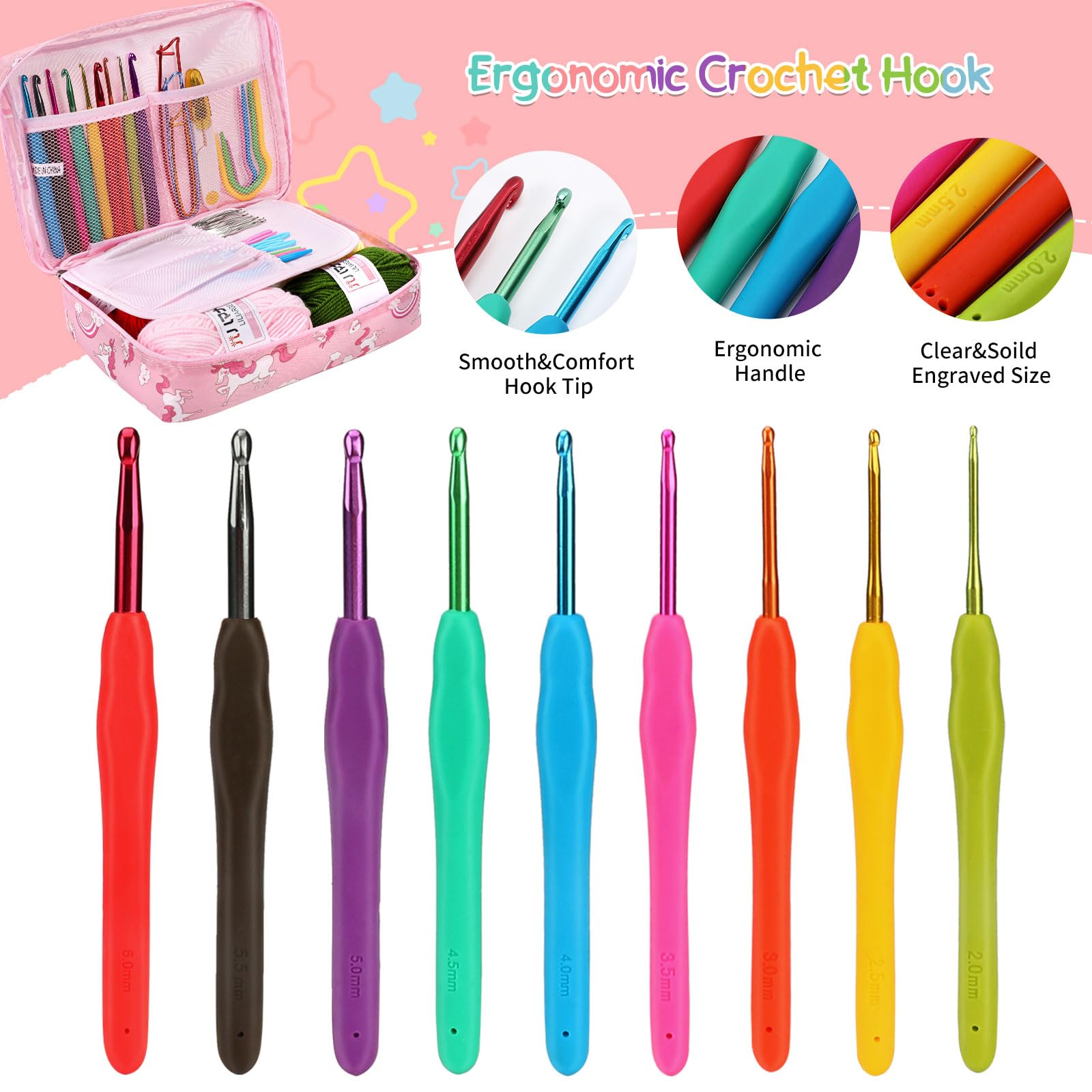 Luckits 59 kit all'uncinetto di PC per principianti, set di ganci all'uncinetto con custodia include 5 palline di filato all'uncinetto 21 ganci all'uncinetto, 6 aghi e più accessori all'uncinetto