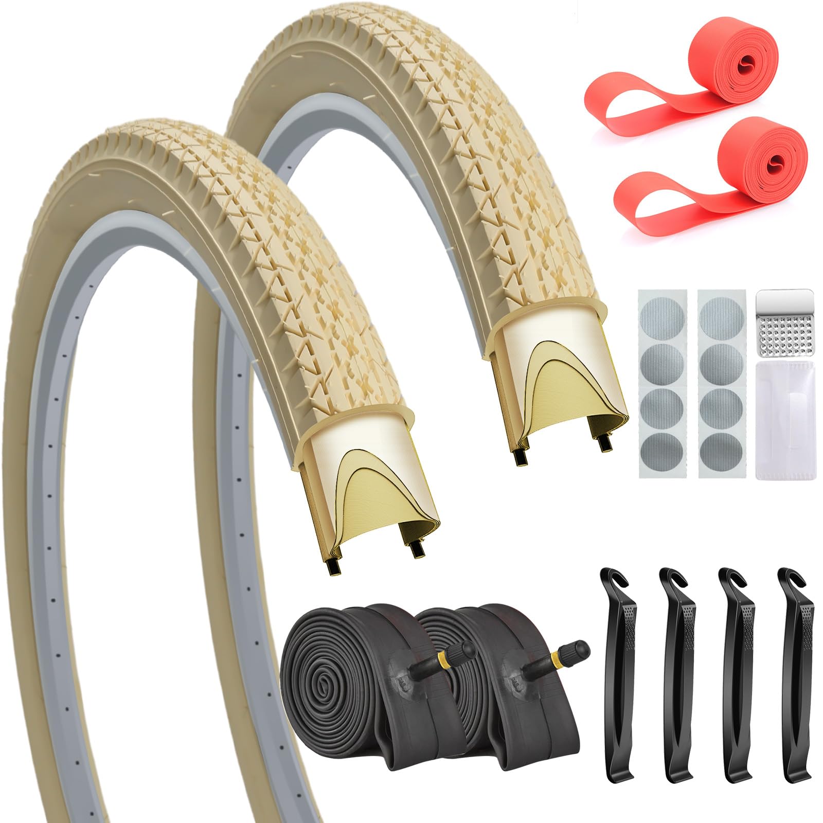 SIMEIQI 2 Pack 24"x2.125" 26"x2.125" 26"x2.35" Cream Cruiser Beach Bike Tires and Tubes with 2 Rim Strips Glueless Patches Kit Foldable Replacement