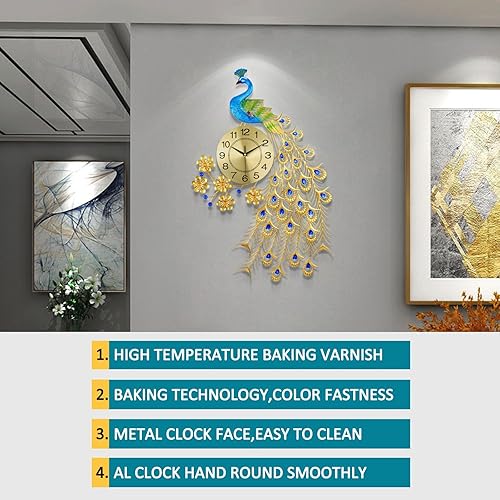 Miniatura 7 de Reloj de pared grande de estilo lujoso, estilo pavo real, de 23.7 pulgadas, sin tictac, silencioso, de cristal acrílico, decoración moderna y