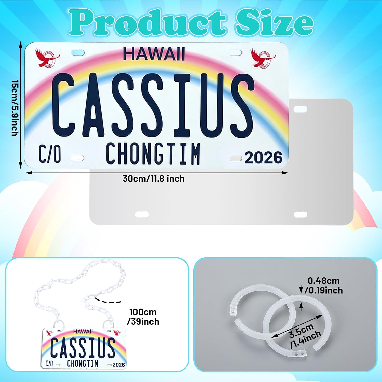 5 Pcs Hawaiian Sublimation License Plate Blanks with Chain Hawaiian Graduation License Plate Lei Heat Thermal Transfer DIY Picture Aluminum Automotive Plates Tag for Student Graduation