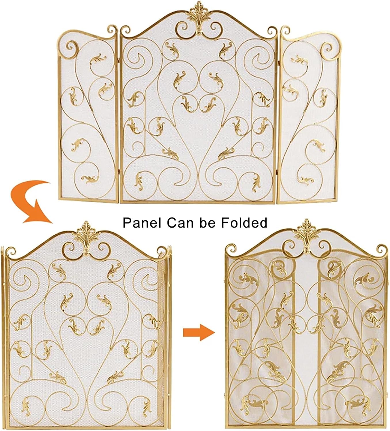 3-Panel Folding Fireplace Screens Stand Alone, Wrought Iron Spark Guard Cover, Metal Mesh Arched Fire Place Screen Protector Fence for Brick Wood