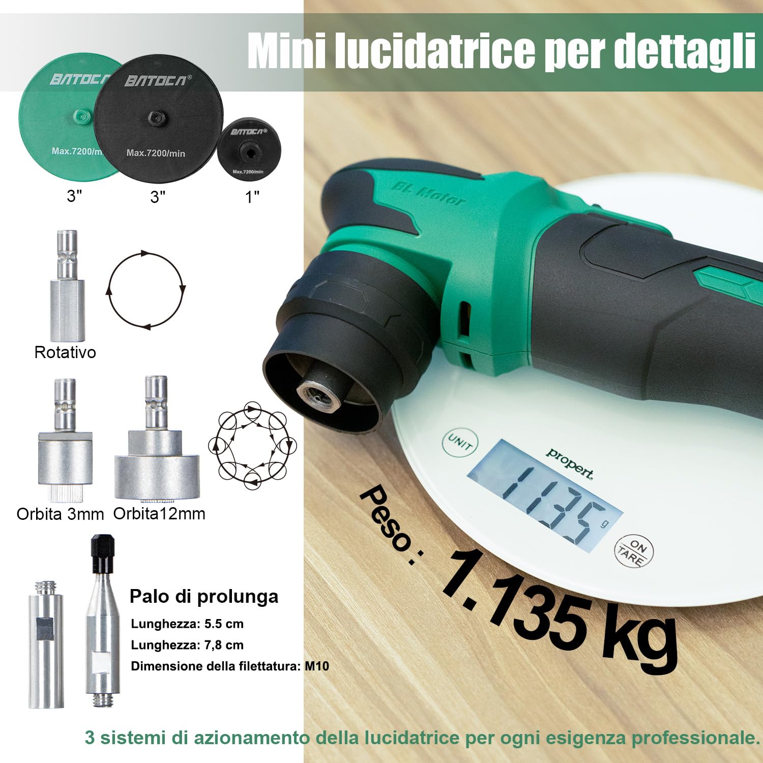 BATOCA S4 Lucidatrice professionale Batteria,Rotativa Orbitale,25mm/75mm Tamponi,Lucidatrice per Auto,Kit Lucidatura Multiuso,Motore Senza Spazzole,2 Batterie 12V 2.5Ah,4 Velocità 2000-5500RPM