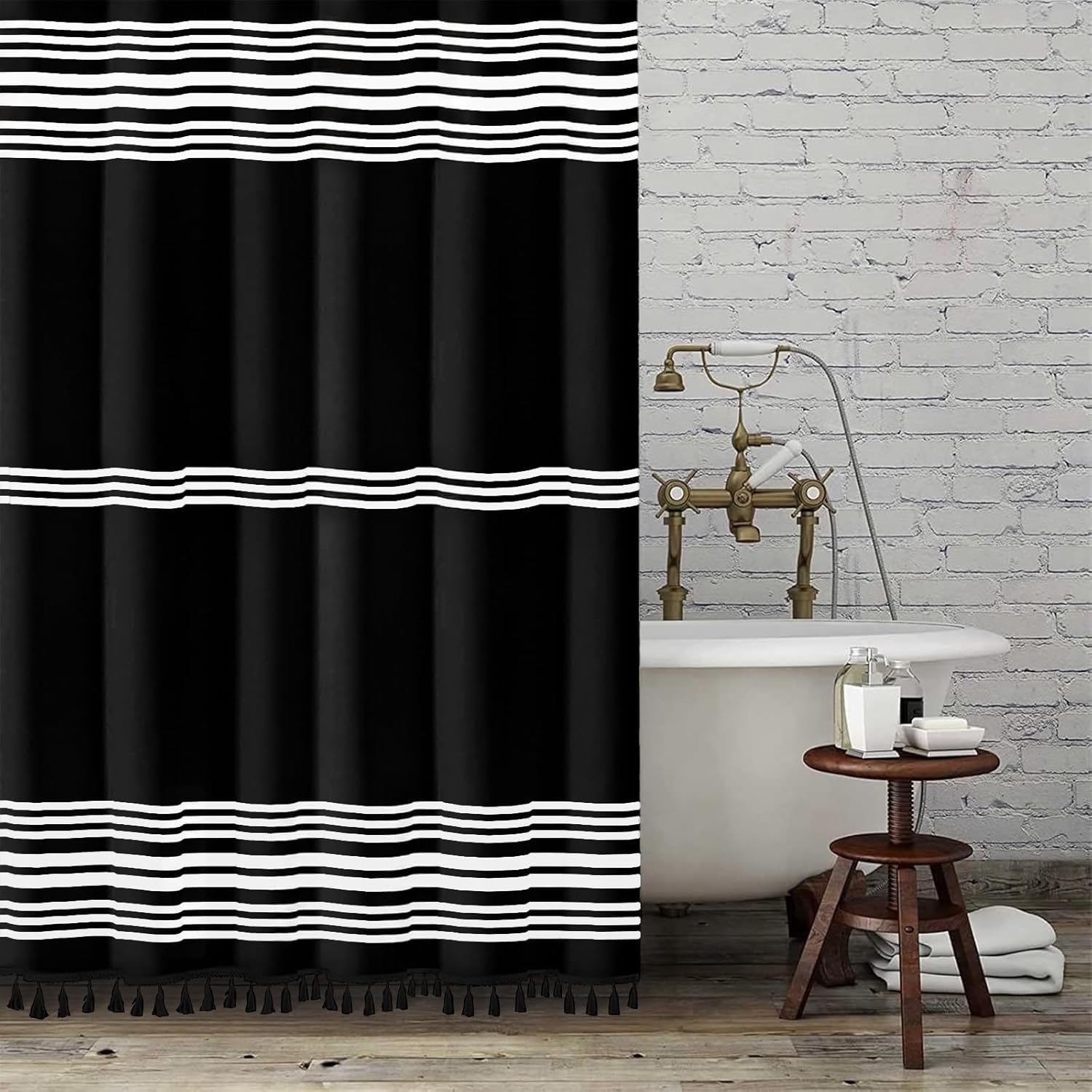 Seasonwood Beige Shower Curtain Boho Stripe Shower Curtains with Tassel Farmhouse Shower Curtain for Bathroom 72 X 72 Inches