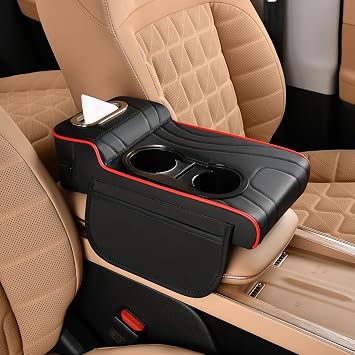 Car Armrest Cushion for Lamborghini Estoque Egoista Asterion, Multifunctional PU Leather Car Armrest Box Mat, with 2 Cup Holder, for Storing,Wallets,Drinks, Easy to Install,A Black