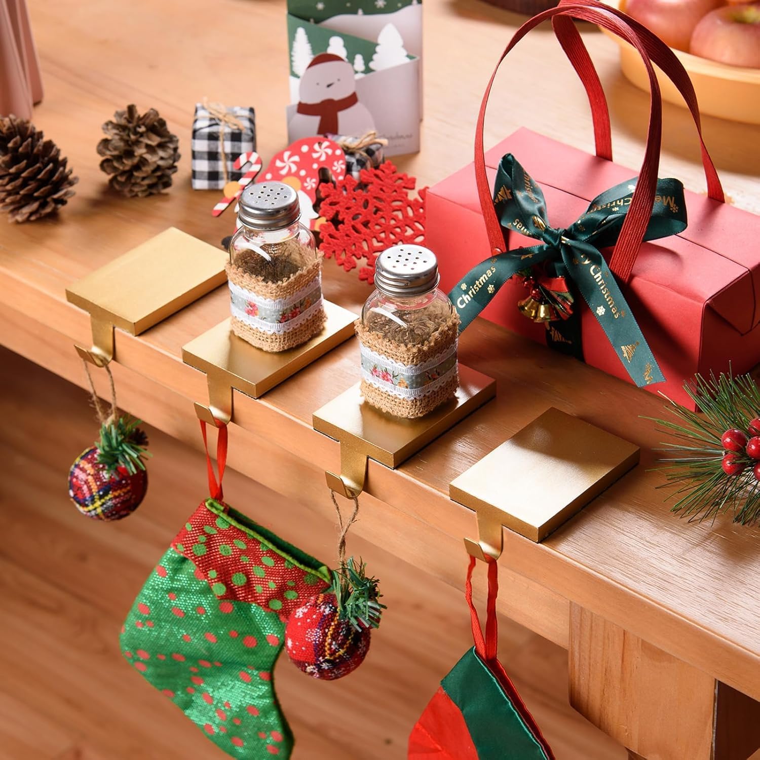 6 Pcs Christmas Stocking Holders Hanging Hooks Heavy Duty Mantel Stocking Holder Bases Weighted Metal Stocking Hangers for Shelf Fireplace Stair Xmas Party Decor (6, Gold)