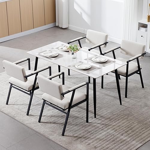 Miniatura 5 de HEAH-YO Juego de 4 sillas de comedor modernas de lino, sillas de cocina tapizadas con respaldo abierto y reposabrazos, cómodas sillas laterales con