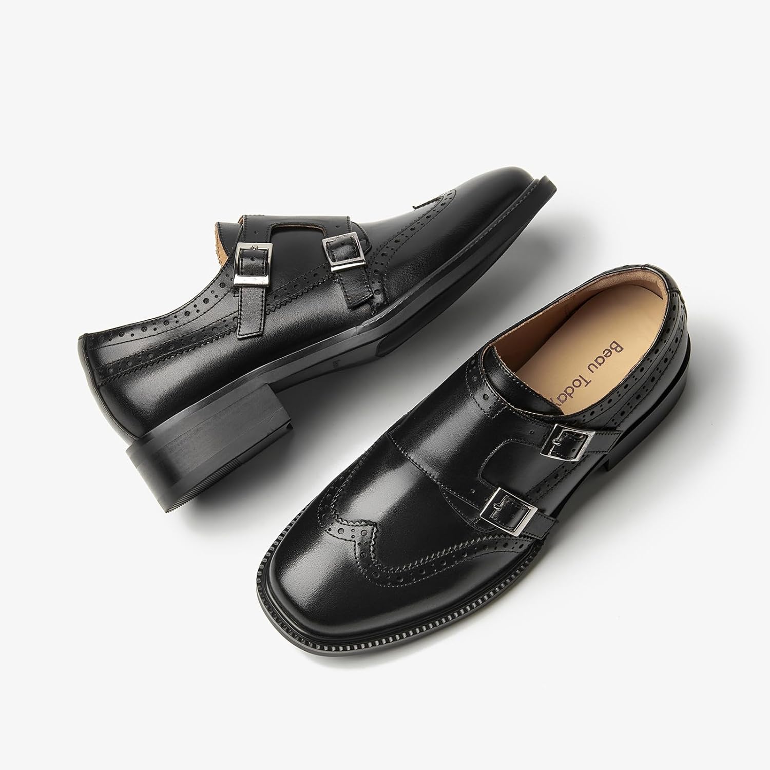 BEAU TODAY Monk Strap Loafers, Womens Leather Loafers, Cap Toe Slip-Ons Waxed Calfskin Loafer Flats for Business Casual Dress Women Shoes - Image 6