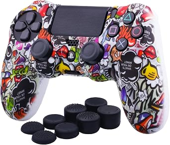 Water Transfer Printing Camouflage Silicone Cover Skin Case for Sony PS4/slim/Pro dualshock 4 Controller x 1Lovely Graffiti with Pro Thumb Grips x 8