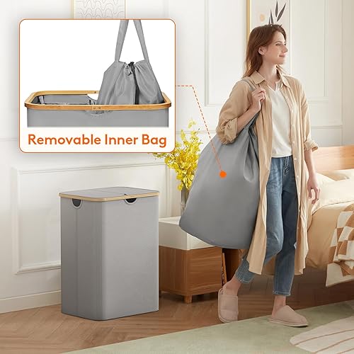 Miniatura 127 de Lifewit Cesta grande de 100 litros con tapa para ropa con asas de bambú y bolsa extraíble, plegable para dormitorio, baño, residencia universitaria