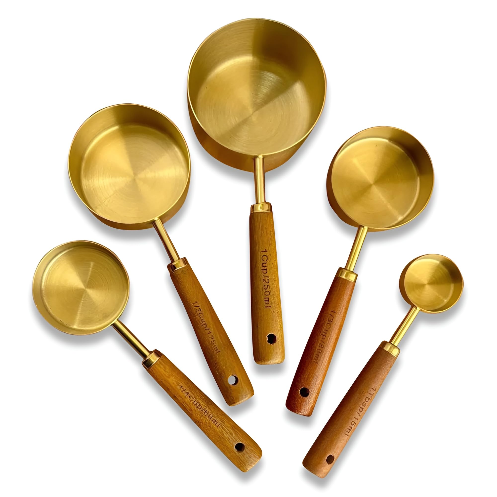 Dayanadhi Gold-Plated Metal Measuring Spoon with Wood Handle | Liquid and Dry Measuring Spoon | Gold Polished Measuring Cups with Wood Handle and Hanging Hole (5-Pack) (B0CVS38WR7) Amazon Price History, Amazon Price Tracker