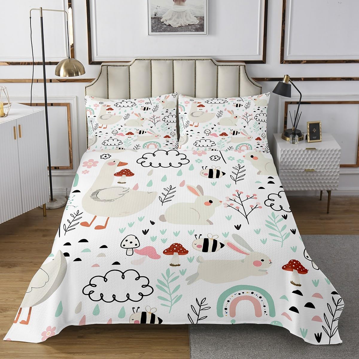 Homewish Cute Rabbit Bedspread Twin Size,Rainbow Cloud Mushroom Bedding Sets 2Pcs for Kids Girls Boys Room Decor,Cartoon Flower Leaves Comforter Set Boho Style Quilt Coverlet,1 Pillowcase