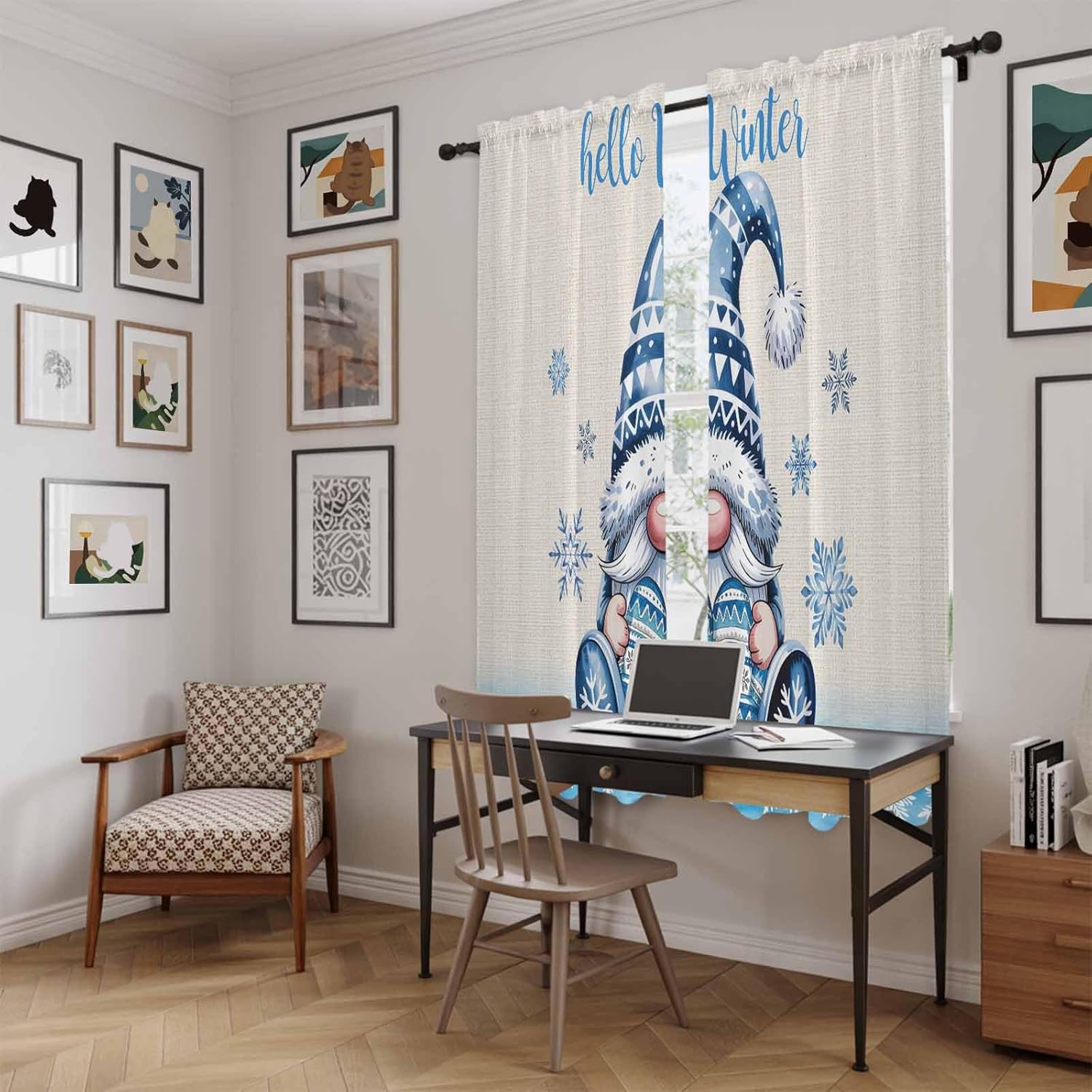 Blue Gnomes Christmas Window Curtains 72 Inch Long 2 Panel Set, Rod Pocket Long Curtains & Drapes, Xmas Snowflake Hello Winter Light Filtering Window Treatment for Bedroom Living Room 52"W x 72"L