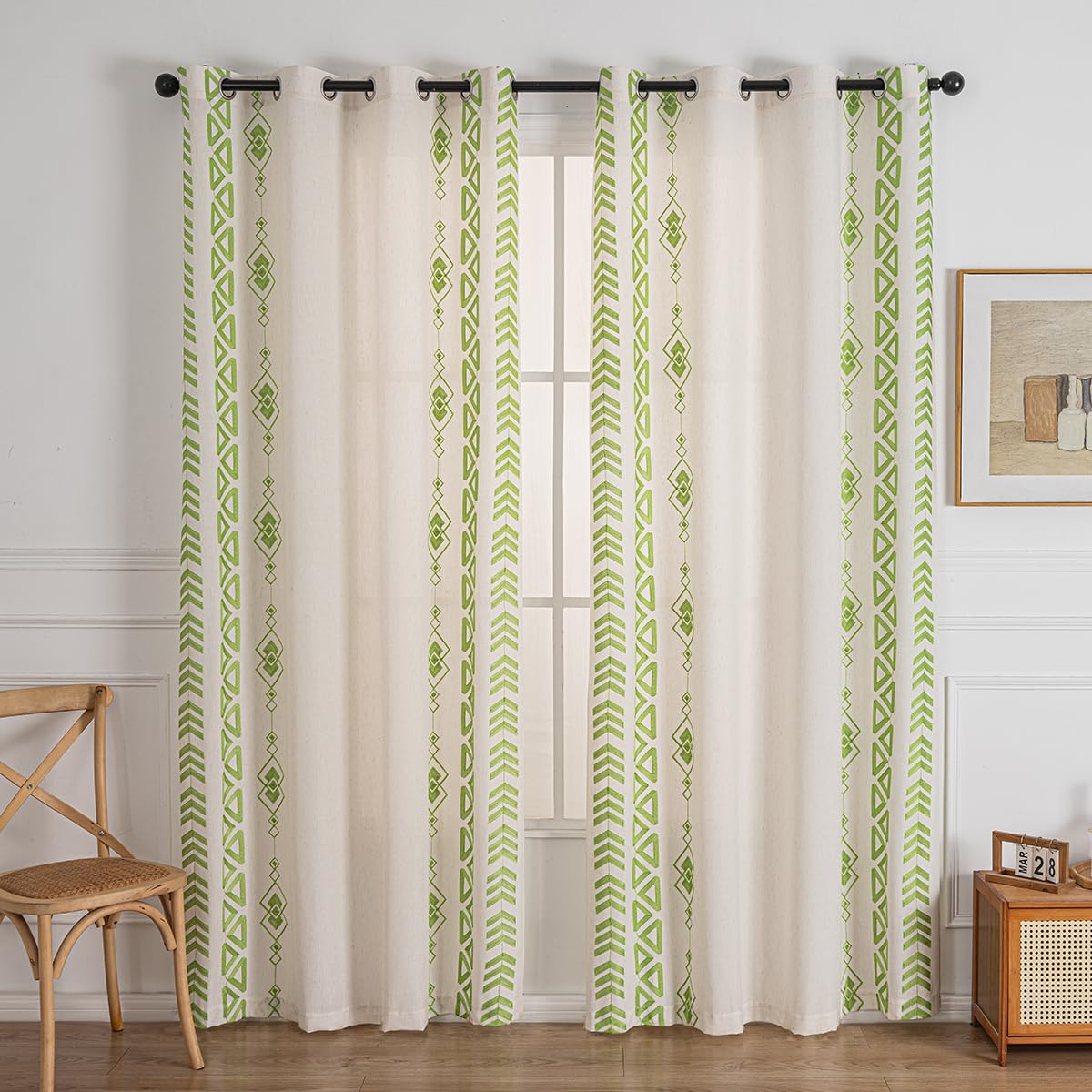 Tootop Boho Curtains Linen Embroidered Curtains Bohemian Geometric Beige Farmhouse Curtains Living Room Room Decor Rustic Curtains Translucent Window Grommet Curtains 2 Panel 63 Inch Green