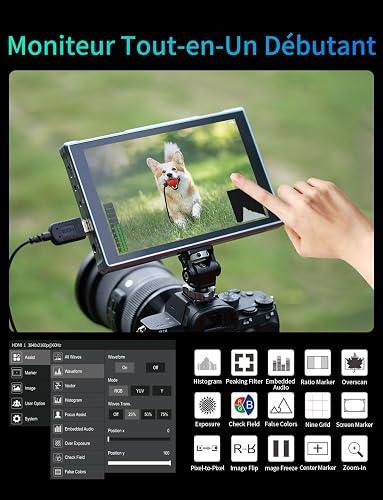 FEELWORLD FW759PRO Moniteur Caméra Écran Tactile 7 Pouces 1920x1080 Full HD Entrée/Sortie 4K HDMI avec Focus Peaking, 9:16 Marqueur,178° Grand Angle Inclut Batterie F550 2200mAh et Sac - 5