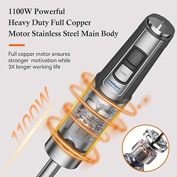 Anybear Immersion Blender 1100W, Handheld Stick Blender with Full Copper Motor & Stainless Steel Body, 15 Speed & Turbo Mode, 2-in-1 Hand Mixer with Dual Beaters & Anti-scratch Blade (Gray) | Full Copper Motor, Stainless Steel Body, Anti-Scratch Blade. 15-Speed & Turbo Mode. Ideal For Smoothies, Soups, And Baking
