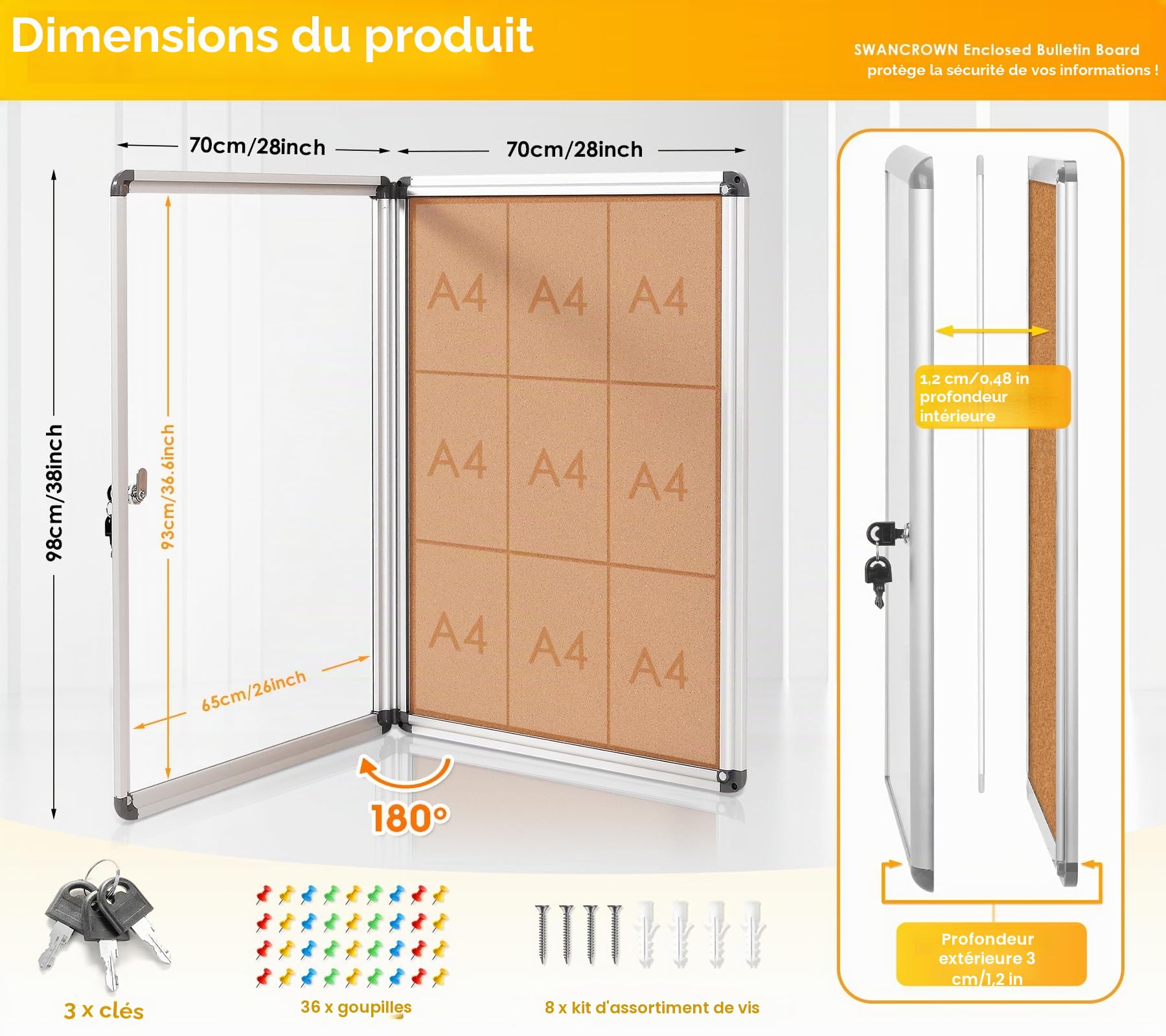 SWANCROWN Tableau d'affichage, 9 x A4, mural, Vitrine affichage, 98x72cm | Version évoluée, en liège, verrouillable, interieur, à 3 clés 36 punaises, cadre en aluminium argenté, idéal ecole restaurant