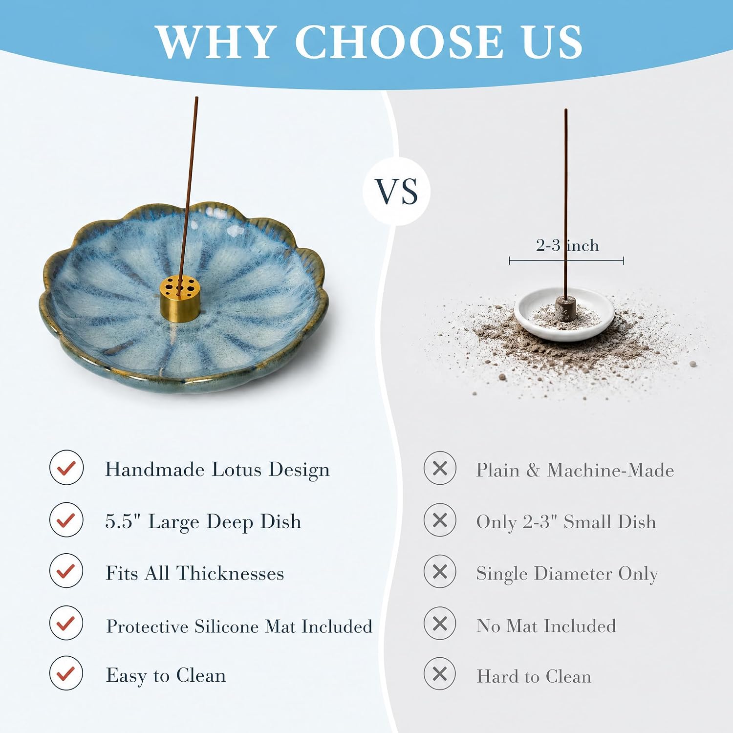 Pinehaven Ceramic Lotus Incense Holder – 5.5 Inch Hand-Sculpted Ash Catcher Tray Bowl with Brass 9-Hole Insert for Incense Sticks – Blue Japanese Zen Home Décor, Meditation Altar Gift