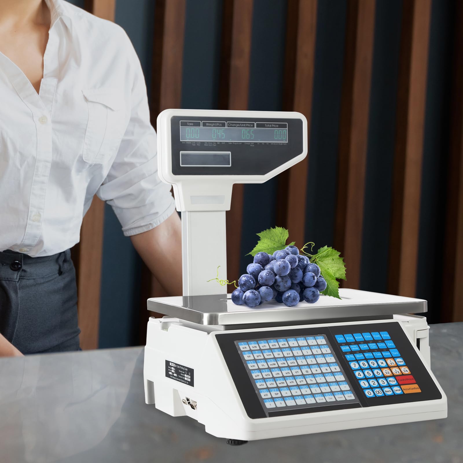 Cyfrowa waga obliczeniowa, maksymalna nośność 29,9 kg, komercyjna waga detaliczna z drukarką termiczną i dwustronnym wyświetlaczem LCD do supermarketów, sklepów z owocami i innych miejsc