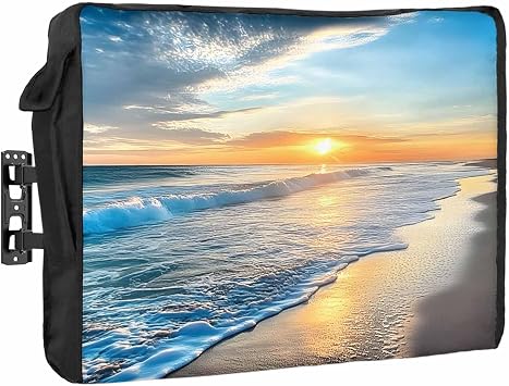 Outdoor TV Cover 80 to 85 Inch Weatherproof, Sunset Beach Waterproof Outdoor TV Enclosure with Side Pocket, Spray Ocean Waves Sky Nature Scenery Television Protector Cover