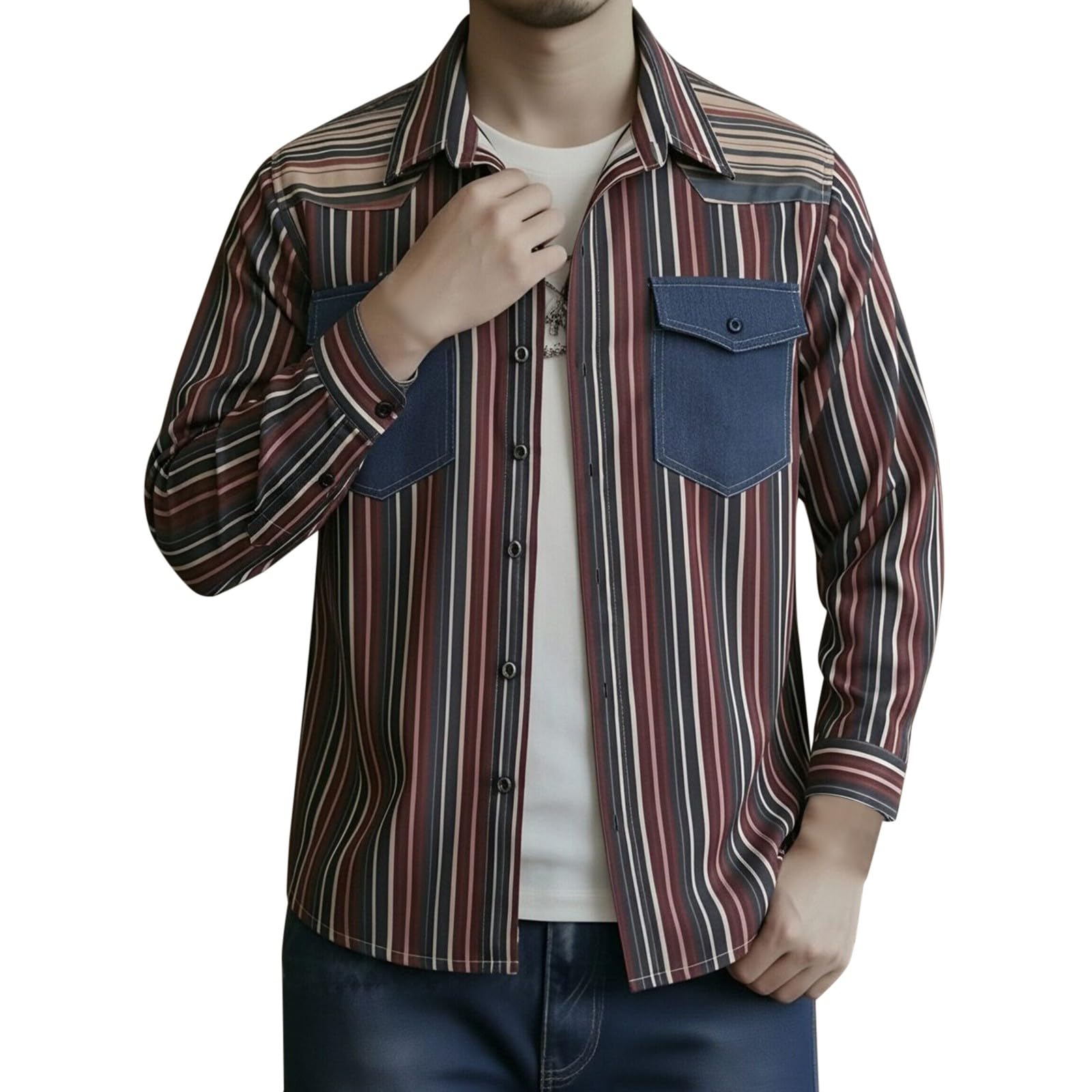 Camicia vintage a maniche lunghe a righe con bottoni, a maniche lunghe, con bottoni, stile retrò, casual, in tessuto morbido per abiti street style