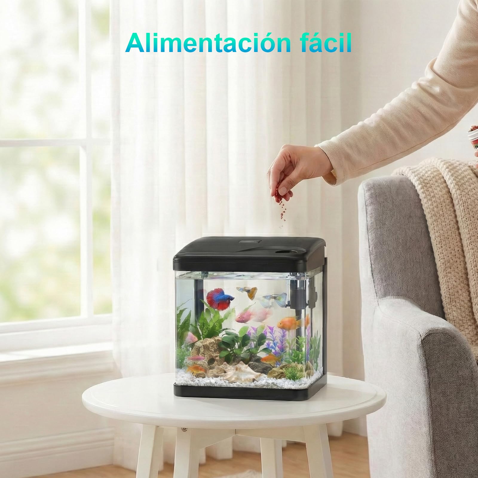 6L Acuario de Cristal Acuarios y Peceras Completas,con Sistema de Filtrado Integrado e Iluminación LED,Acuarios de Iniciación, Negro