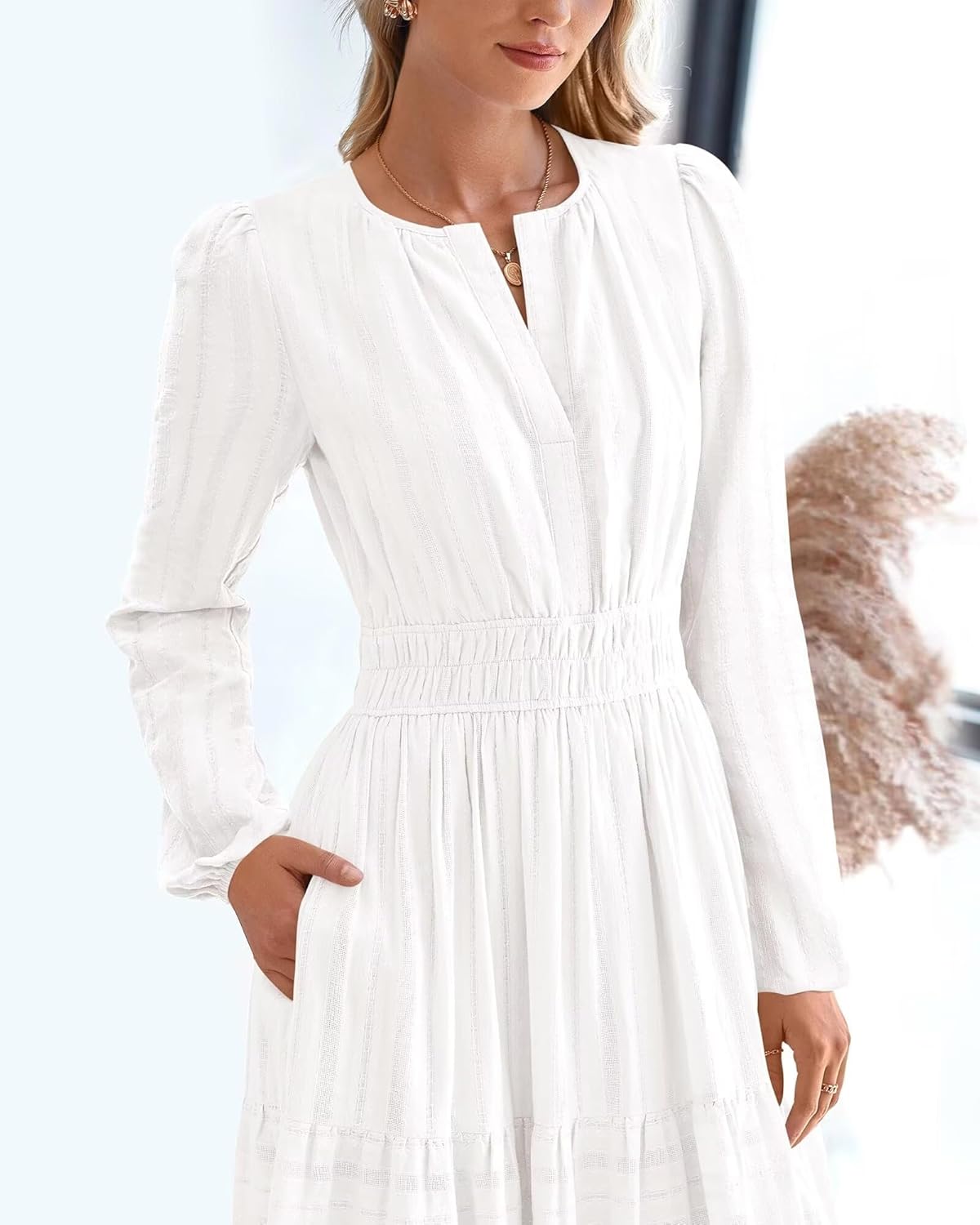 Women's Long Sleeve Maxi Dress with Pockets Spring Fall 2026 V-Neck Flowy Casual Wedding Guest Dress Elastic Waist - Image 7