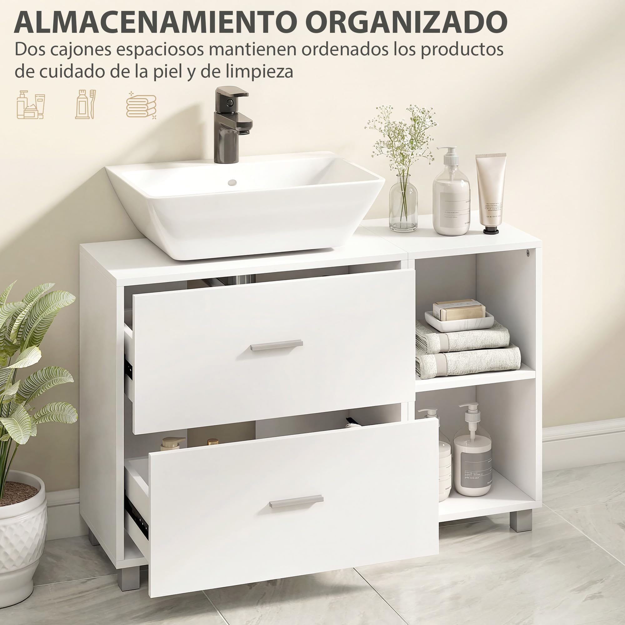 HOMCOM Mueble Bajo Lavabo, Mueble Baño para Pedestal 90x30x60 cm Blanco | 2 Cajones, 2 Estantes Abiertos, Estilo Moderno