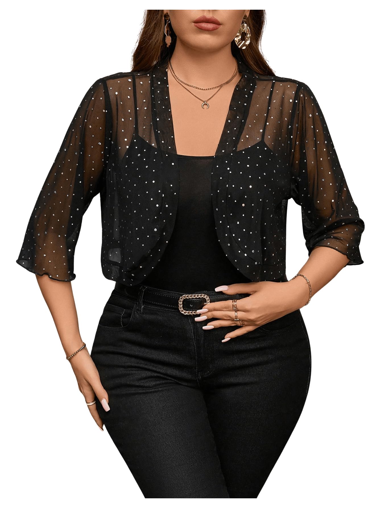 Floerns Womens Plus Size Mesh 3 4 Sleeve Open Front Bolero Party Cropped Cardigan Jacket