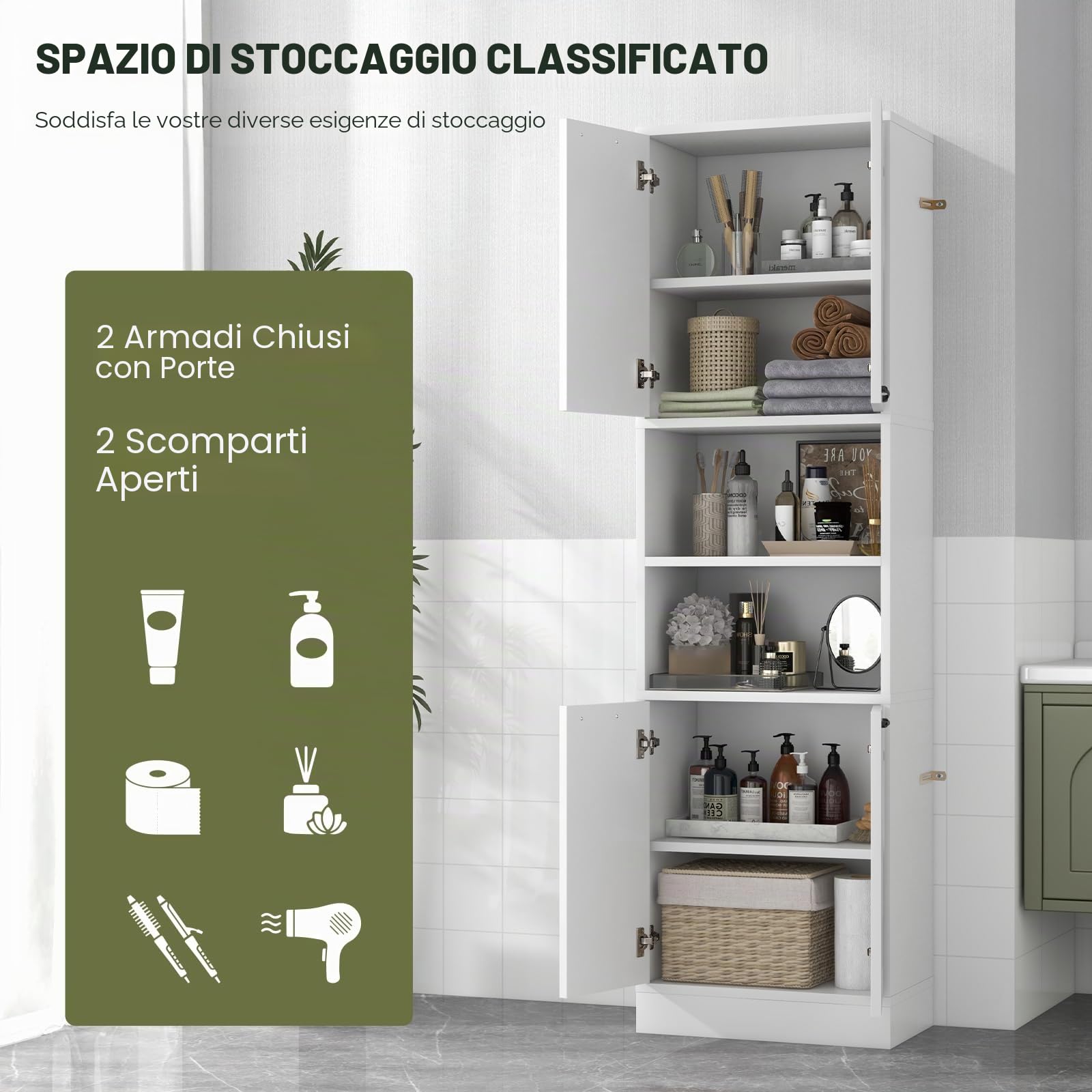 GIANTEX Credenza da Cucina Alta 190 cm con 4 Ante, 2 Scomparti Aperti e 6 Ripiani, 4 Kit Antiribaltamento, Armadio Portaoggetti per Cucina e Bagno