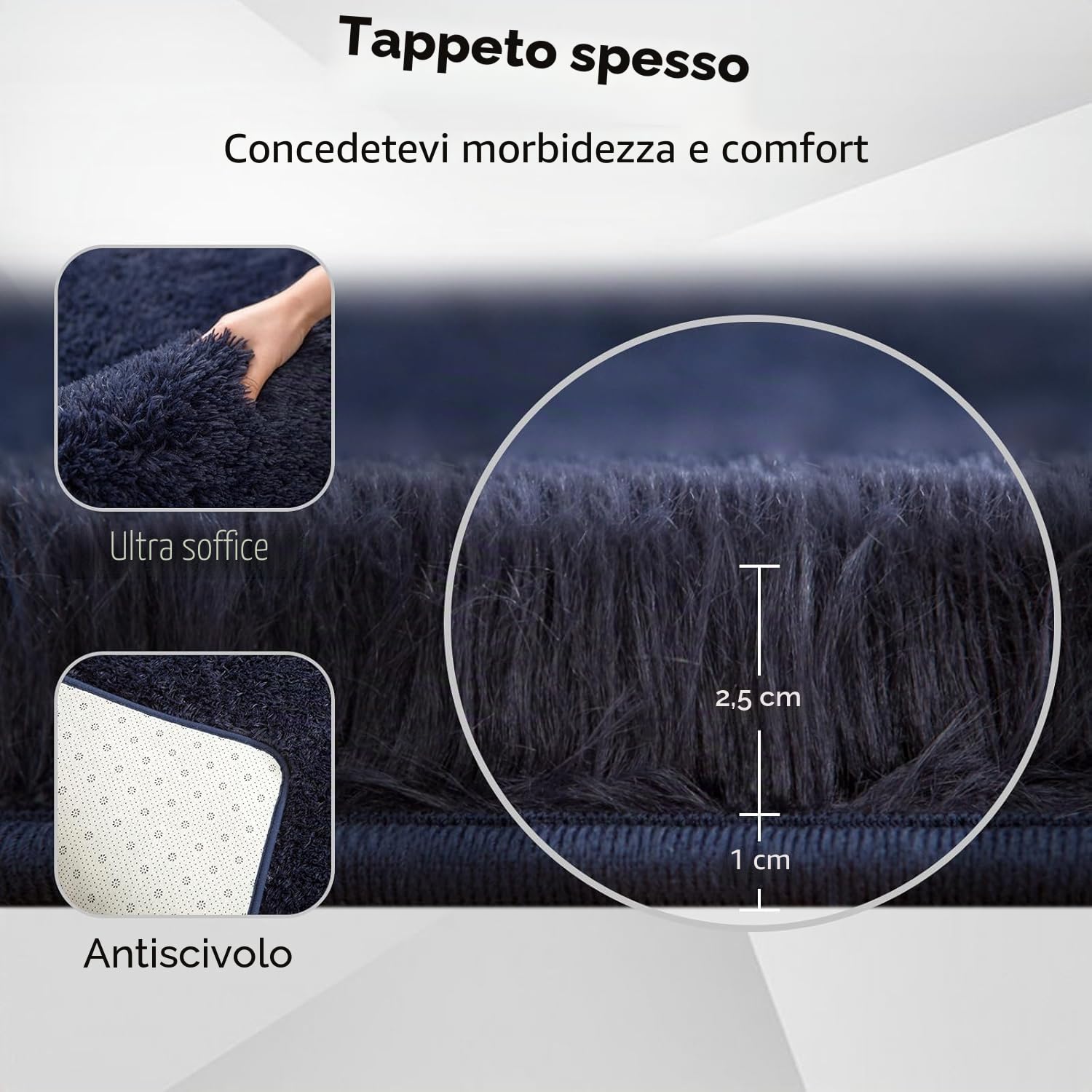 QUINZI Tappeto per soggiorno e camera da letto, morbido e morbido, antiscivolo, lavabile, (blu scuro, 120 x 180 cm)