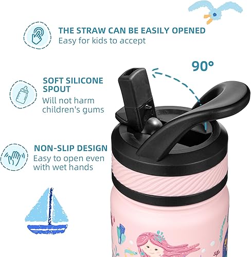 Miniatura 3 de Fanhaw Botella de Agua Aislada para Niños de 14 Oz con Pajita - Taza de Acero Inoxidable de Doble Pared al Vacío, A Prueba de Fugas, Sin BPA,