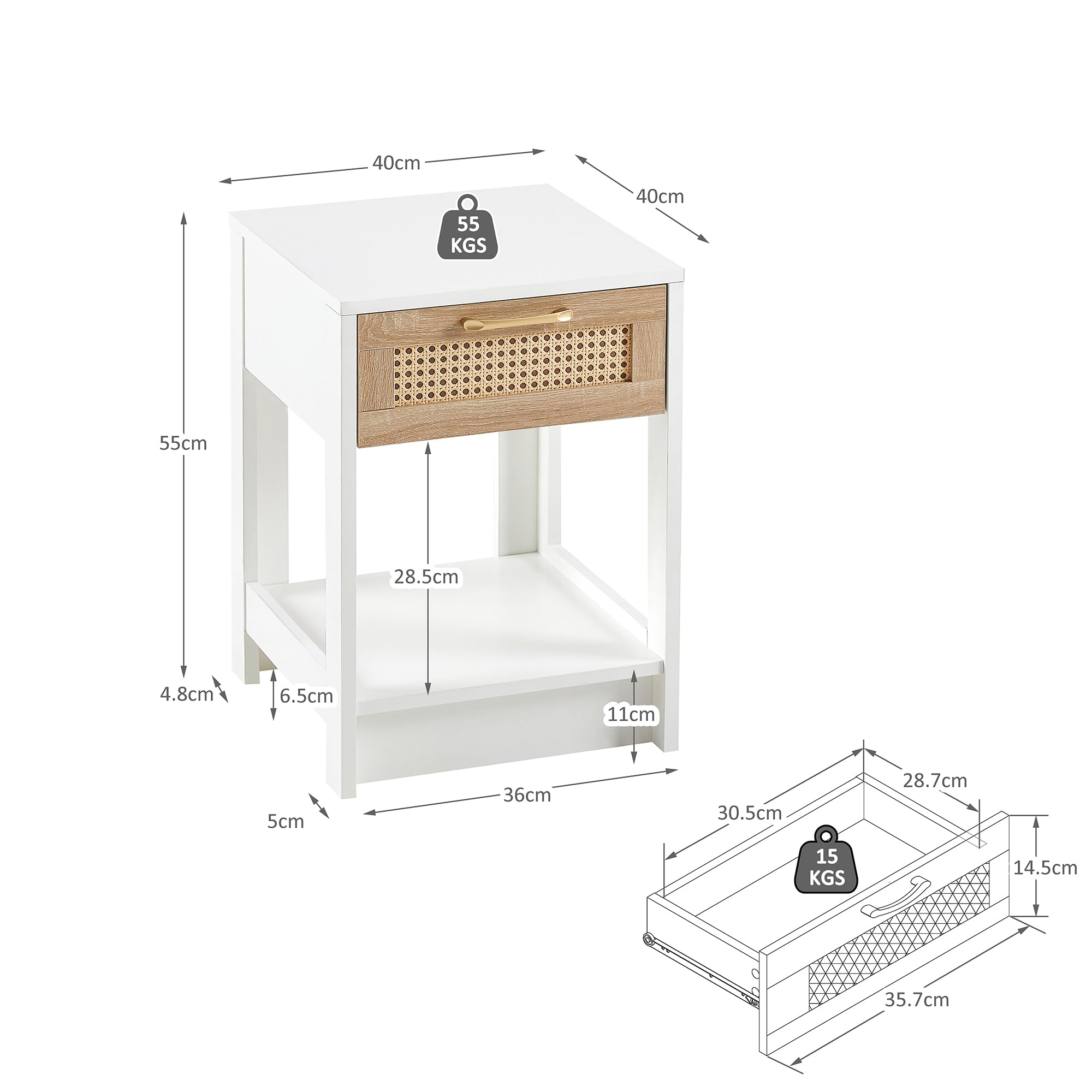 Comodino in rattan con cassetto, tavolino moderno per camera da letto, soggiorno e ufficio, piccolo comodino boho in legno, 40 x 40 x 55 cm, bianco