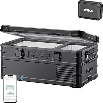 ICECO APL20 12V Refrigerator with Battery, 21 Qts Aluminum Portable Freezer, Car Fridge with SECOP Nano Compressor,4F~68F,Electric Cooler Powered by AC/DC or Solar, Refrigerator for Vehicles