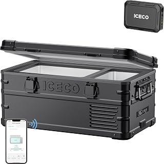 ICECO APL20 12V Refrigerator with Battery, 21 Qts Aluminum Portable Freezer, Car Fridge with SECOP Nano Compressor, -4℉~68℉,Electric Cooler Powered by AC/DC or Solar, Refrigerator for Vehicles