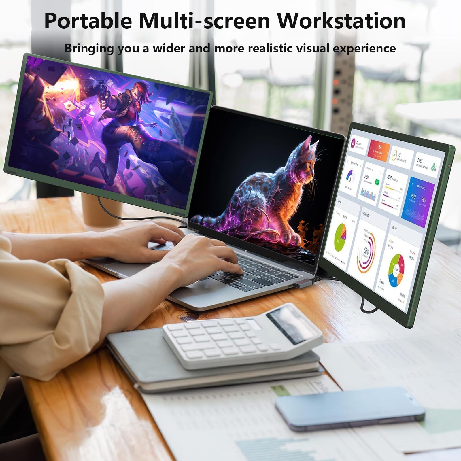 Monitor Portatile Per Laptop 15.6Pollici, Ultrasottile E Ultraleggero Triplo Schermo PC Portatile, FHD 1080P Portable Monitor,Per Giocatori e Programmatori
