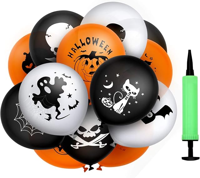 MonQi 100 pieces Good Sealability Thickening Latex Halloween Balloons with Air Pump, 9 popular Halloween elements Patterns, Can fully inflated to 30CM for Halloween Decoration - Orange Black & White