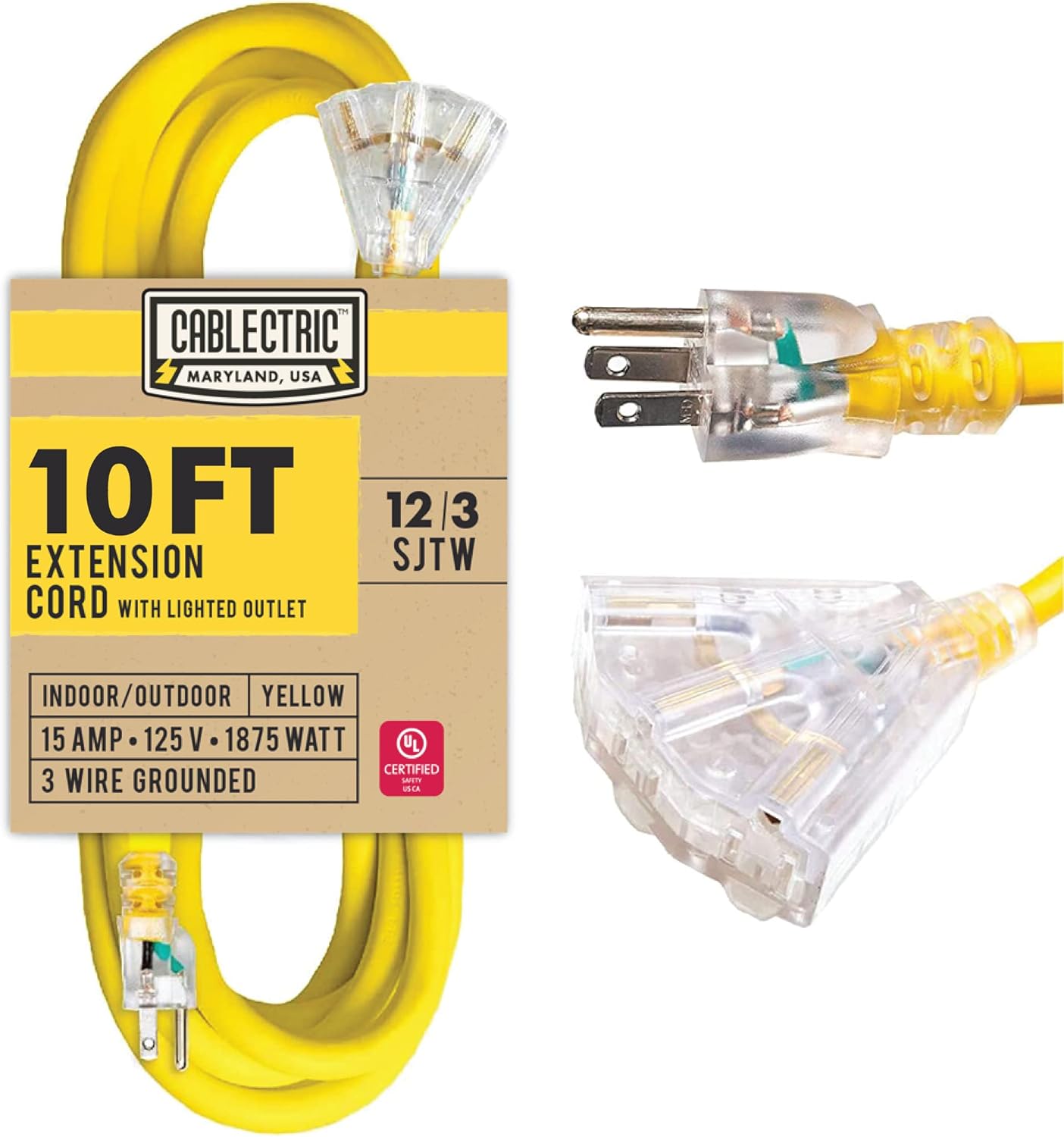 25 Ft Outdoor Extension Cord with 3 Power Outlets - 15 Amp 12/3 SJTW Heavy Duty 12 Gauge Lighted Yellow Electrical Cable with 3 Prong Grounded Plug