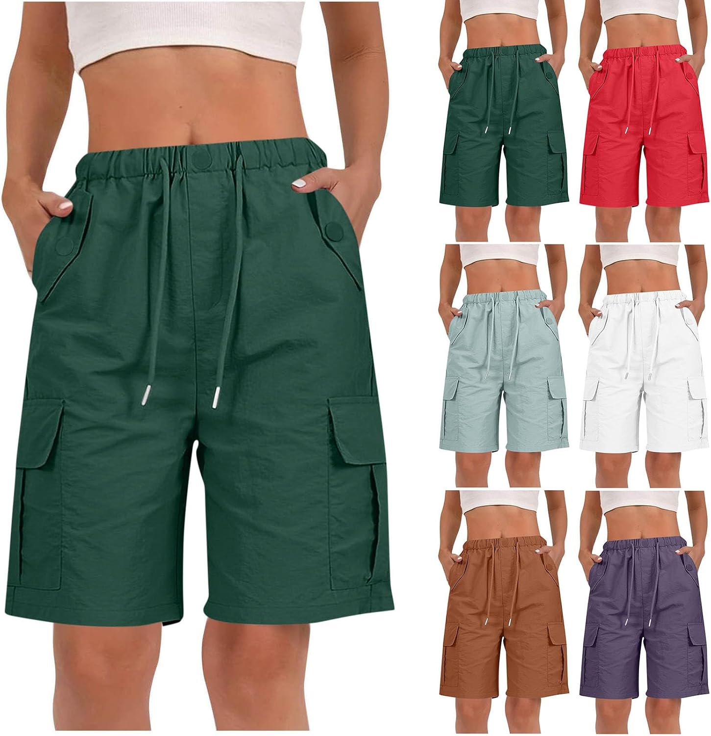 Bermuda Cargo Shorts for Women Knee Length Drawstring Elastic Waist Shorts Quick Dry Casual Summer Hiking Pants