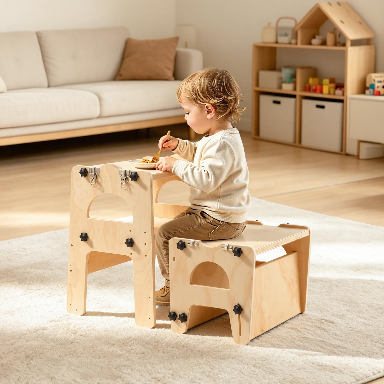 VEVOR Torre de Aprendizaje Montessori Plegable para Niños Multifuncional | Torre Ayudante de Cocina Infantil, Juego de Mesa y Silla Convertible para Bebés de Madera, para Destete Comer Jugar Dibujar